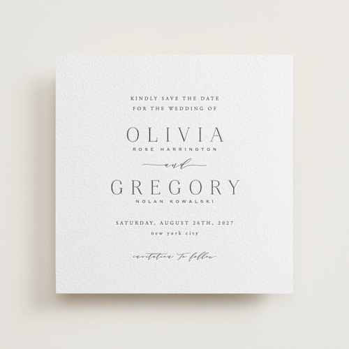 This is a soft black save the date with letterpress by Hooray Creative called classy type printing on somerset500 in 6x6