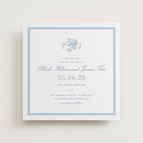 This is a sky blue save the date with letterpress by Megan Davis called chesapeake printing on somerset500 in standard