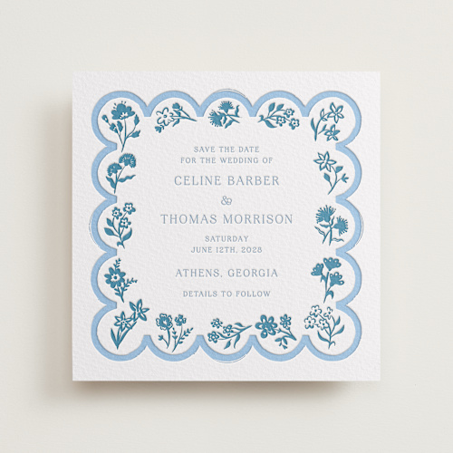 This is a sky blue save the date with letterpress by Hannah Bowman called petite jolie printing on somerset500 in standard