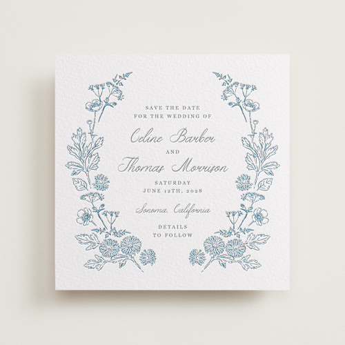 This is a pacific blue save the date with letterpress by Hannah Bowman called toile frame printing on white cotton in standard