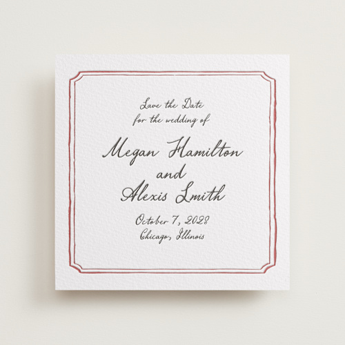 This is a merlot save the date with letterpress by Cass Loh called handwritten printing on somerset500 in standard