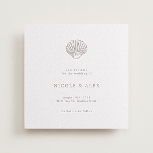 This is a dove grey save the date with letterpress by Hannah Bowman called simple seashell printing on somerset500 in standard