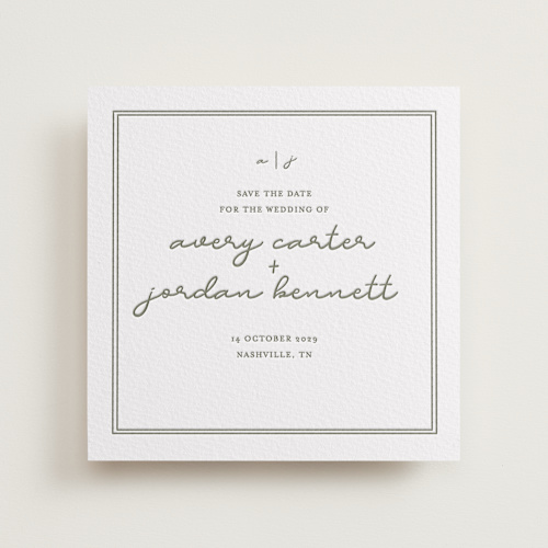 This is a moss save the date with letterpress by Brittney Jensen called the verdure suite printing on somerset500 in standard