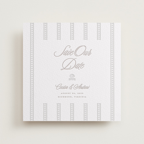 This is a dove grey save the date with letterpress by Vera Lim called shell border printing on somerset500 in standard