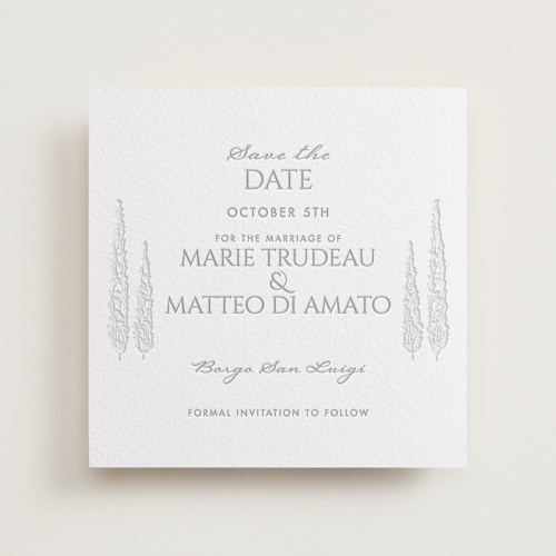 This is a matte silver save the date with letterpress by MG Patternbox called vigneto printing on somerset500 in standard