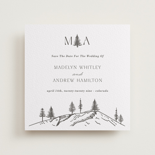 This is a soft black save the date with letterpress by Winston Latchman called mountain pines printing on somerset500 in standard