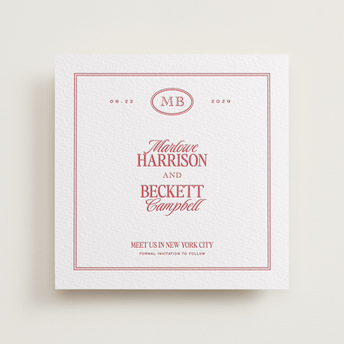 This is a scarlet save the date with letterpress by Jenna Holcomb called vermilion printing on somerset500 in standard