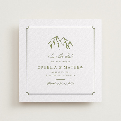 This is a pistachio save the date with letterpress by Ana Sharpe called summit meadows printing on somerset500 in standard