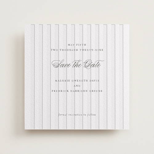 This is a soft black save the date with letterpress by Baumbirdy called striped printing on somerset500 in standard