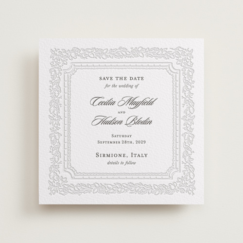 This is a soft black save the date with letterpress by Pati Cascino called sirmione printing on somerset500 in standard