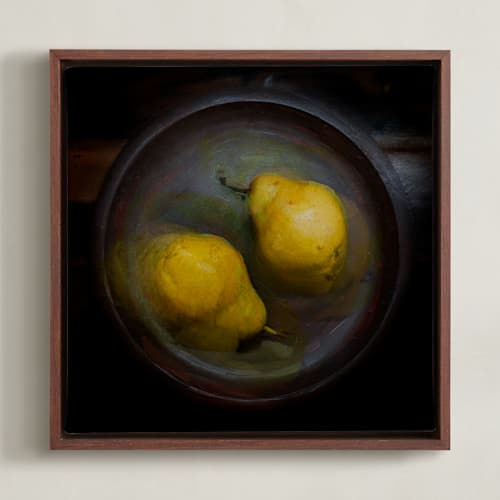 This is a juicy yellow art with standard by mark kirsch called two pears in a wooden bowl