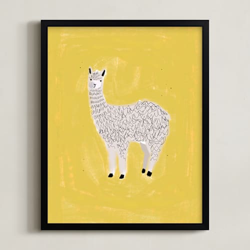 This is a yellow kids wall art with standard by SALLY MURPHY called sunshine alpaca
