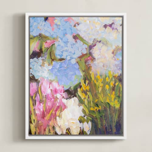 This is a lavender blue art with standard by Jacquelyn Sloane Siklos called hydrangeas at the market