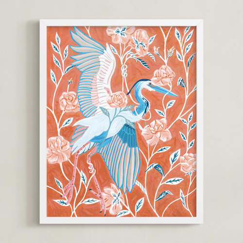 This is a coral art with standard by Stefanie Lane called blue heron with blossoms