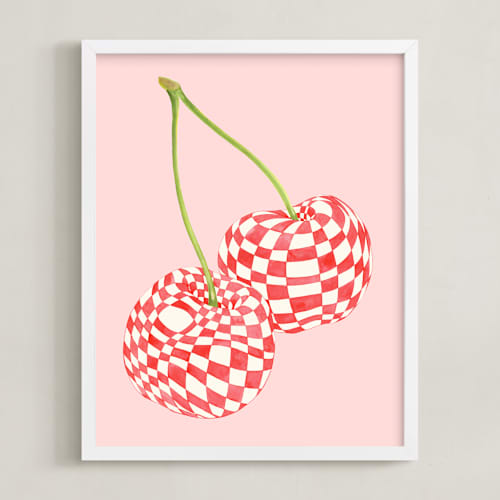 This is a pastel pink kids wall art with standard by Luci Power called checkerboard cherries
