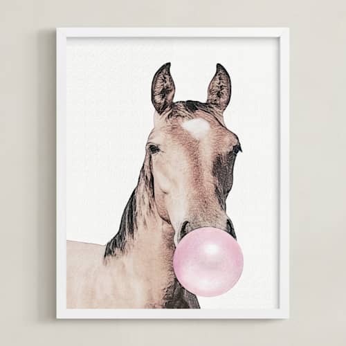 This is a bubblegum pink kids wall art with standard by Maja Cunningham called bubblegum: horse