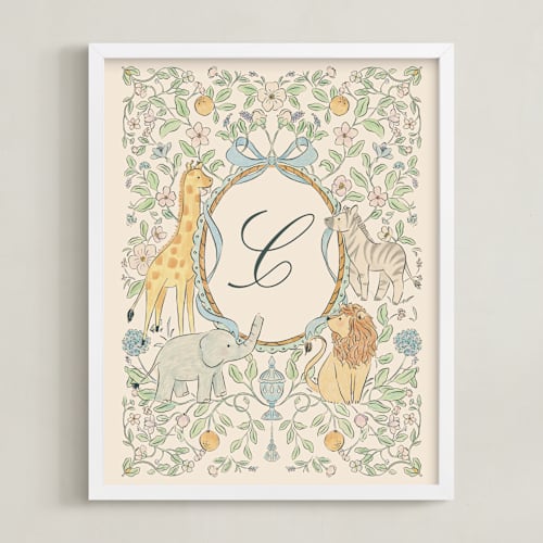 This is a baby blue nursery wall art with standard by Sabrin Deirani called little safari