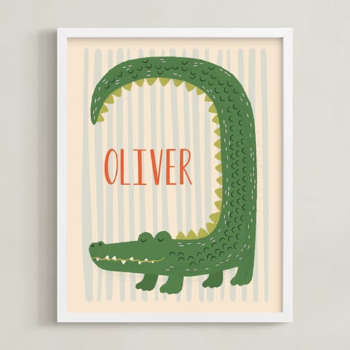 This is a green nursery wall art with standard by Vera Lim called happy croc