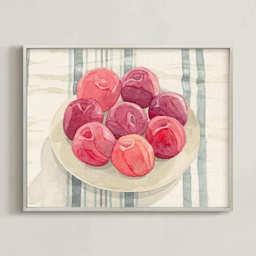 This is a plum red art with standard by Pippa Shaw called red plums on linen tablecloth