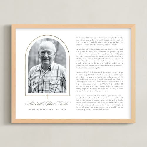 This is a white foil pressed memorial obituary prints with foil pressed by Sarah Brown called crossed arch obituary print