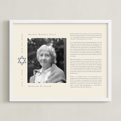 This is a cream memorial obituary prints with standard by Ana de Sousa called modern star of david obituary print