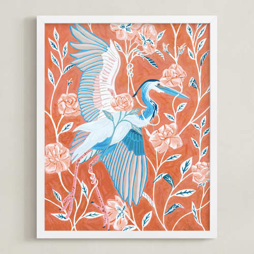 This is a coral art with standard by Stefanie Lane called blue heron with blossoms