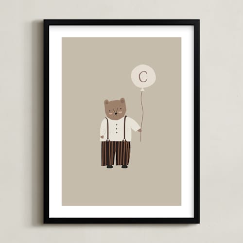 This is a tan nursery wall art with standard by Angela Thompson called balloon bear