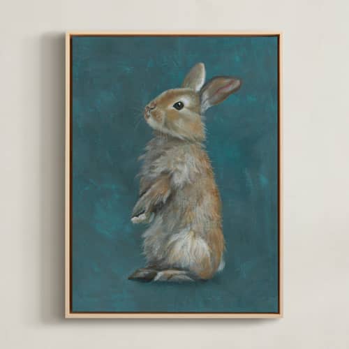This is a dusty teal nursery wall art with standard by Aimee Schreiber called terracotta bunny