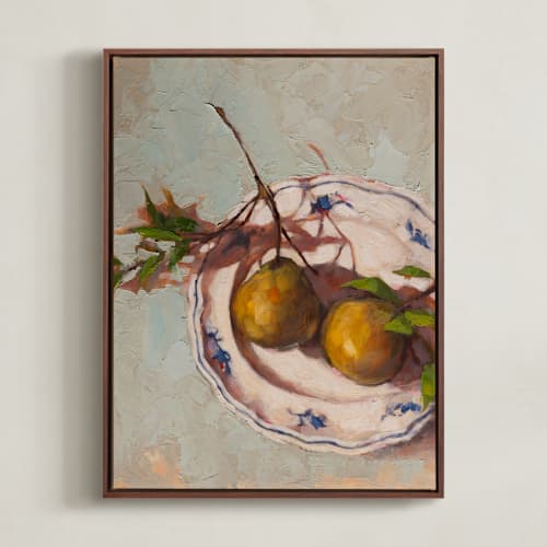 This is a mustard olive art with standard by Wendy Keller called pears on a plate