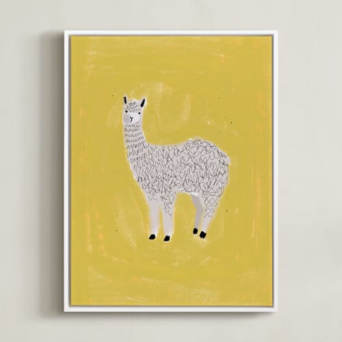 This is a yellow kids wall art with standard by SALLY MURPHY called sunshine alpaca