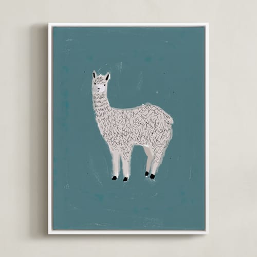 This is a dark teal kids wall art with standard by SALLY MURPHY called sunshine alpaca