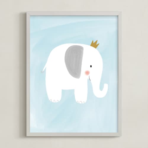 This is a soft blue nursery wall art with standard by Patrice Horvath called dream big elephant and giraffe