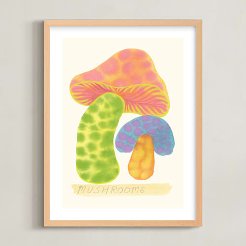 This is a multicolor kids wall art with standard by Renée Stramel called mushrooms