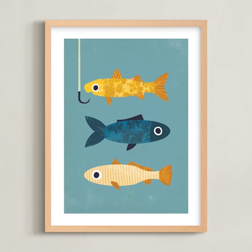 This is a marine blue kids wall art with standard by Laura Mitchell called 1 fish, 2 fish, 3 fish