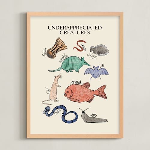 This is a turquoise sea green kids wall art with standard by Kellie Dykast called underappreciated creatures