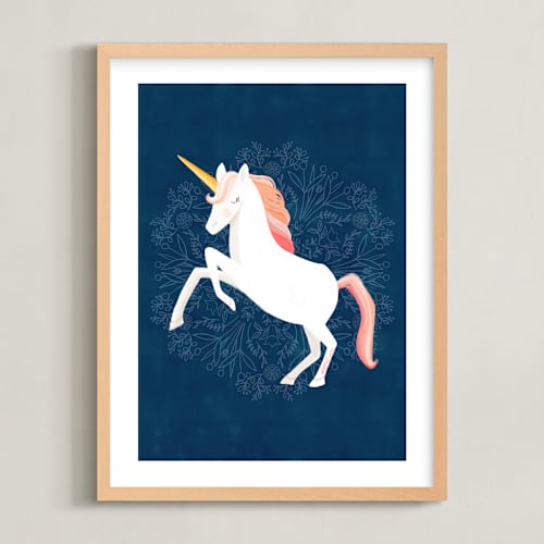 This is a navy kids wall art with standard by Little Miss Missy called unicorn & blooms