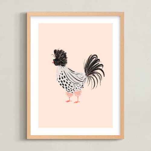 This is a light pink kids wall art with standard by SALLY MURPHY called spotted hen
