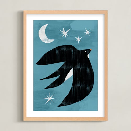 This is a blue teal kids wall art with standard by Mojca Dolinar called evening swallow