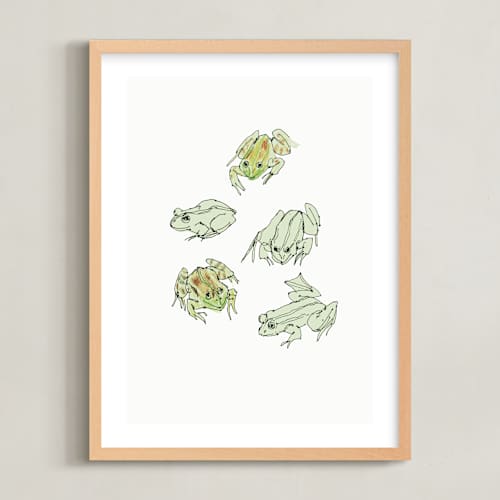 This is a pastel green kids wall art with standard by Catilustre called frog sketches