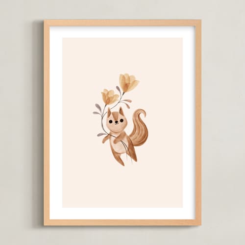 This is a tan nursery wall art with standard by Vivian Yiwing called squirrel with flowers