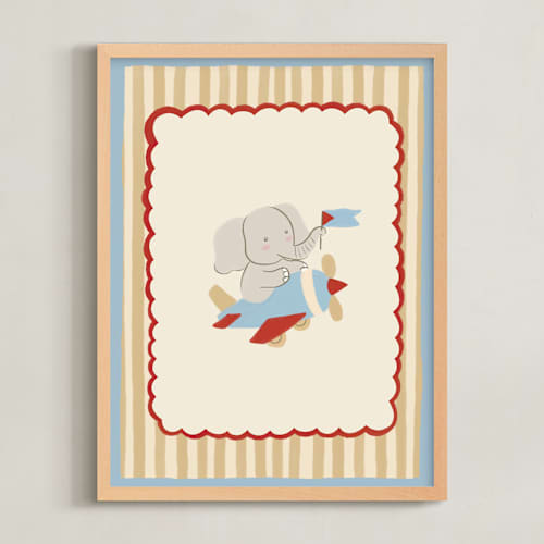 This is a multi colored nursery wall art with standard by Kartika Paramita called elephant on a plane