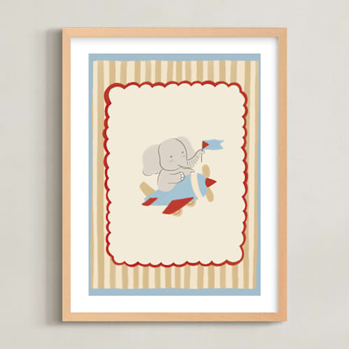This is a multi colored nursery wall art with standard by Kartika Paramita called elephant on a plane