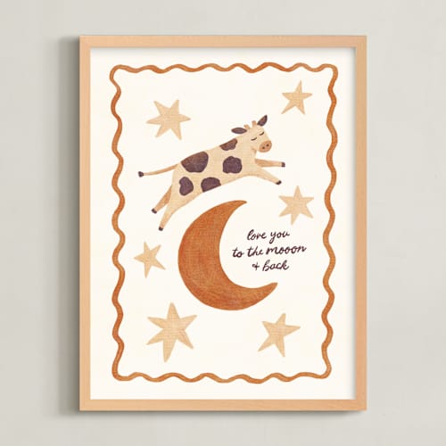 This is a golden brown nursery wall art with standard by Sabrina Excene called love you to the mooon and back