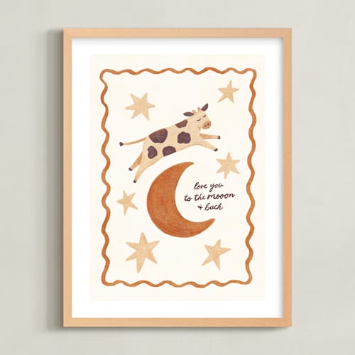 This is a golden brown nursery wall art with standard by Sabrina Excene called love you to the mooon and back
