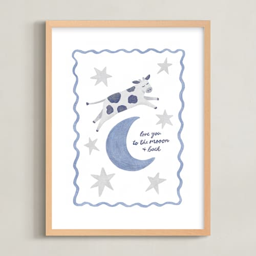 This is a silver blue nursery wall art with standard by Sabrina Excene called love you to the mooon and back