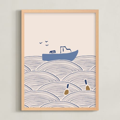 This is a blue nursery wall art with standard by Allison Ross called lobster boat & buoy 2