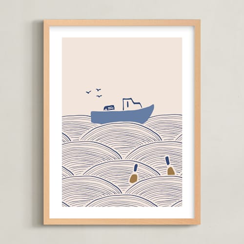 This is a blue nursery wall art with standard by Allison Ross called lobster boat & buoy 2