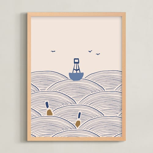 This is a blue nursery wall art with standard by Allison Ross called lobster boat & buoy 1