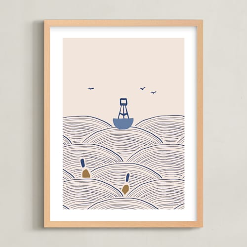 This is a blue nursery wall art with standard by Allison Ross called lobster boat & buoy 1
