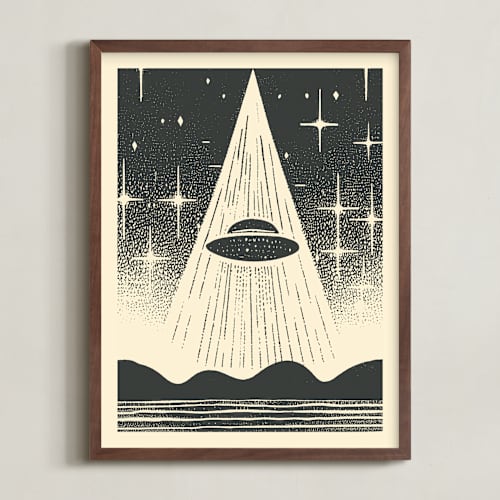 This is a galactic gray kids wall art with standard by Roseanne Kenny called ufo encounters: nostalgic retro woodcut